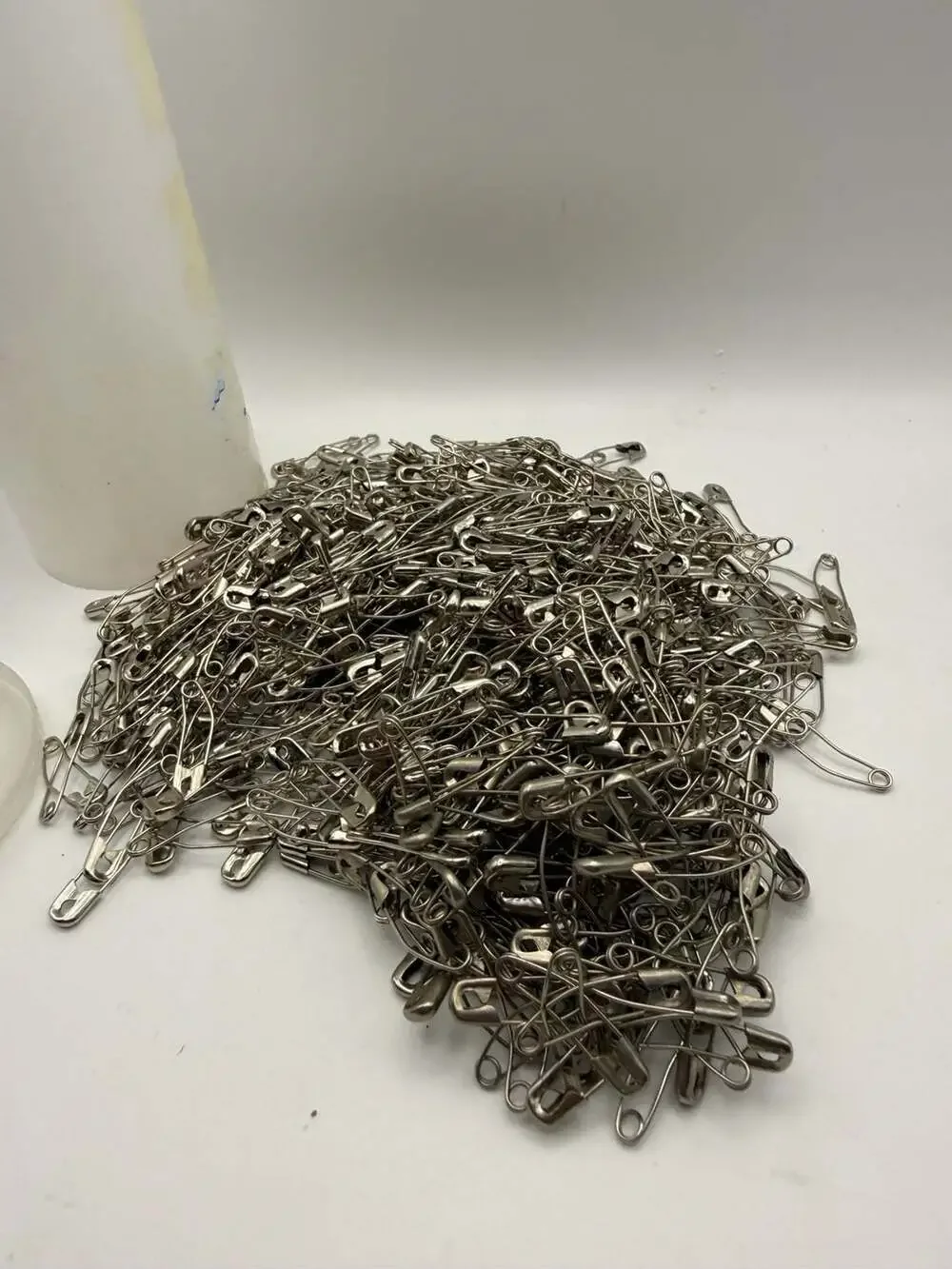 Bulk Silver Nickel-Plated Safety Pins in Plastic Container